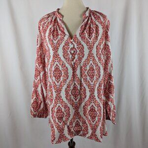 Belle Kim Gravel Orange Pink Floral Ikat White Blouse V-Neck Womens Plus Size 1X
